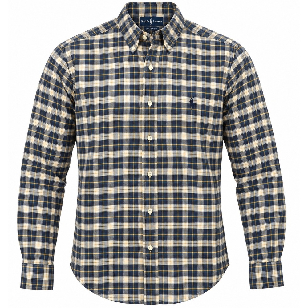 Ralph Lauren Mens Plaid Button Down Shirt Navy Cotton Classic Fit Large Preppy